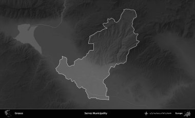 Serres Belediyesi. Yunanistan 'ın idari alanı kararmış bir gri tonlama yükseklik haritasına vurgulandı ve ana hatları çizildi