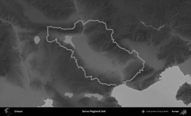 Bölgesel Serres Birimi. Yunanistan 'ın idari bölgesi gri ölçekli bir yükselme haritasında özetlendi