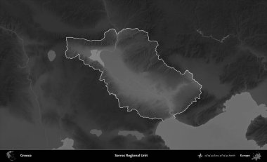 Bölgesel Serres Birimi. Yunanistan 'ın idari alanı kararmış bir gri tonlama yükseklik haritasına vurgulandı ve ana hatları çizildi