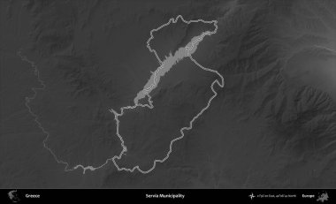 Servia Belediyesi. Yunanistan 'ın idari bölgesi gri ölçekli bir yükselme haritasında özetlendi