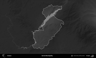 Servia Belediyesi. Yunanistan 'ın idari alanı kararmış bir gri tonlama yükseklik haritasına vurgulandı ve ana hatları çizildi