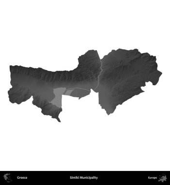 Sintiki Belediyesi. Yunanistan 'ın idari bölgesi gri ölçekli yükseklik haritasında beyaza izole edildi
