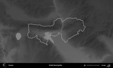 Sintiki Belediyesi. Yunanistan 'ın idari bölgesi gri ölçekli bir yükselme haritasında özetlendi