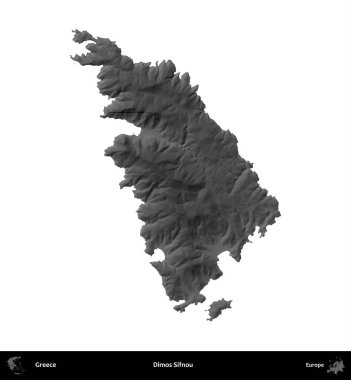 Dimos Sifnou. Yunanistan 'ın idari bölgesi gri ölçekli yükseklik haritasında beyaza izole edildi