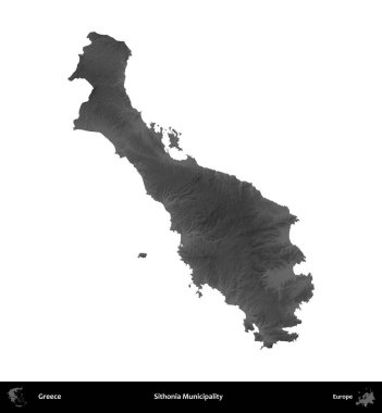 Sithonia Belediyesi. Yunanistan 'ın idari bölgesi gri ölçekli yükseklik haritasında beyaza izole edildi