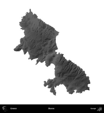 Skuros. Yunanistan 'ın idari bölgesi gri ölçekli yükseklik haritasında beyaza izole edildi