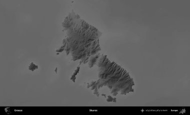 Skuros. Yunanistan 'ın idari alanı kararmış bir gri tonlama yükseklik haritasına vurgulandı ve ana hatları çizildi