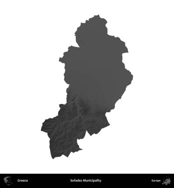 Sofades Belediyesi. Yunanistan 'ın idari bölgesi gri ölçekli yükseklik haritasında beyaza izole edildi