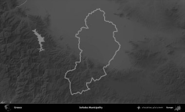 Sofades Belediyesi. Yunanistan 'ın idari bölgesi gri ölçekli bir yükselme haritasında özetlendi