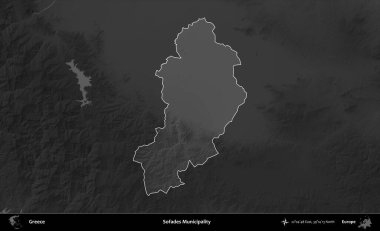 Sofades Belediyesi. Yunanistan 'ın idari alanı kararmış bir gri tonlama yükseklik haritasına vurgulandı ve ana hatları çizildi