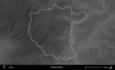Soufli Belediyesi. Yunanistan 'ın idari bölgesi gri ölçekli bir yükselme haritasında özetlendi
