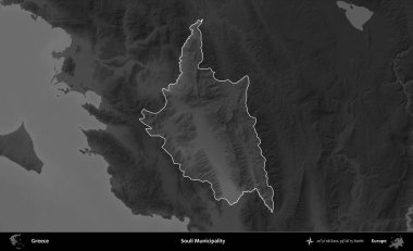 Souli Belediyesi. Yunanistan 'ın idari alanı kararmış bir gri tonlama yükseklik haritasına vurgulandı ve ana hatları çizildi