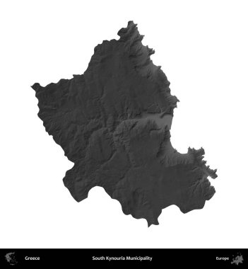 Güney Kynouria Belediyesi. Yunanistan 'ın idari bölgesi gri ölçekli yükseklik haritasında beyaza izole edildi