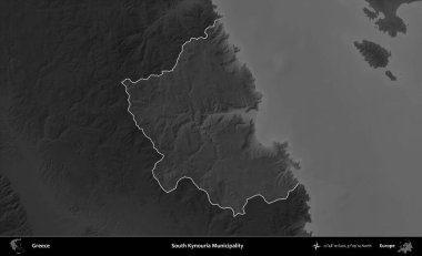 Güney Kynouria Belediyesi. Yunanistan 'ın idari alanı kararmış bir gri tonlama yükseklik haritasına vurgulandı ve ana hatları çizildi