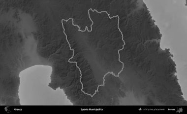 Sparta Belediyesi. Yunanistan 'ın idari bölgesi gri ölçekli bir yükselme haritasında özetlendi
