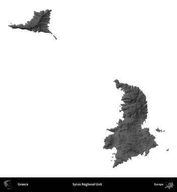 Syros Bölgesel Birimi. Yunanistan 'ın idari bölgesi gri ölçekli yükseklik haritasında beyaza izole edildi