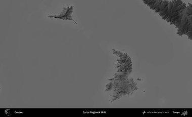 Syros Bölgesel Birimi. Yunanistan 'ın idari alanı kararmış bir gri tonlama yükseklik haritasına vurgulandı ve ana hatları çizildi