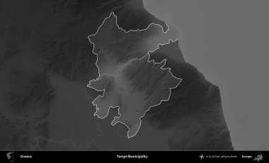 Tempi Belediyesi. Yunanistan 'ın idari alanı kararmış bir gri tonlama yükseklik haritasına vurgulandı ve ana hatları çizildi