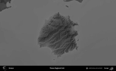 Thasos Bölgesel Birimi. Yunanistan 'ın idari alanı kararmış bir gri tonlama yükseklik haritasına vurgulandı ve ana hatları çizildi