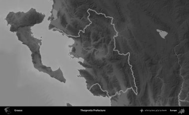Thesprotia Bölgesi. Yunanistan 'ın idari bölgesi gri ölçekli bir yükselme haritasında özetlendi