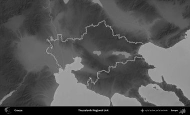 Selanik Bölgesel Birimi. Yunanistan 'ın idari bölgesi gri ölçekli bir yükselme haritasında özetlendi
