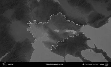 Selanik Bölgesel Birimi. Yunanistan 'ın idari alanı kararmış bir gri tonlama yükseklik haritasına vurgulandı ve ana hatları çizildi