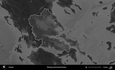 Teselya ve Orta Yunanistan. Yunanistan 'ın idari alanı kararmış bir gri tonlama yükseklik haritasına vurgulandı ve ana hatları çizildi