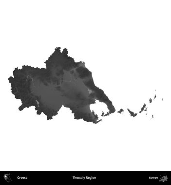 Teselya Bölgesi. Yunanistan 'ın idari bölgesi gri ölçekli yükseklik haritasında beyaza izole edildi