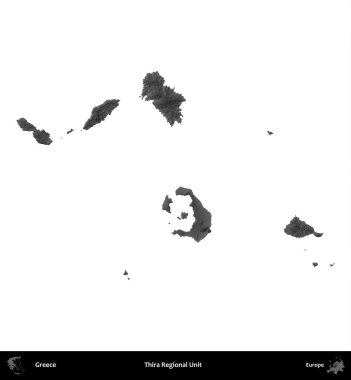 Thira Bölgesel Birimi. Yunanistan 'ın idari bölgesi gri ölçekli yükseklik haritasında beyaza izole edildi