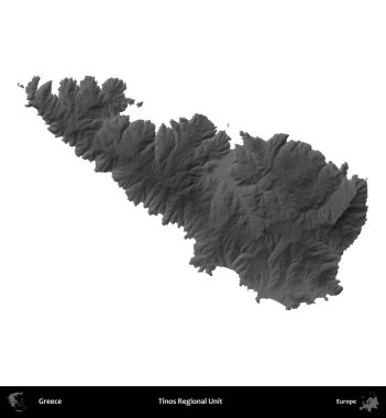 Tinos Bölgesel Birimi. Yunanistan 'ın idari bölgesi gri ölçekli yükseklik haritasında beyaza izole edildi