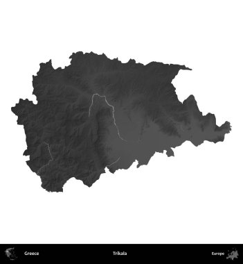 Trikala. Yunanistan 'ın idari bölgesi gri ölçekli yükseklik haritasında beyaza izole edildi