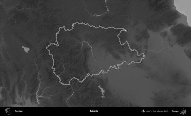 Trikala. Yunanistan 'ın idari bölgesi gri ölçekli bir yükselme haritasında özetlendi