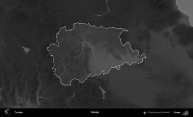 Trikala. Yunanistan 'ın idari alanı kararmış bir gri tonlama yükseklik haritasına vurgulandı ve ana hatları çizildi