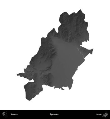 Tyrnavos. Yunanistan 'ın idari bölgesi gri ölçekli yükseklik haritasında beyaza izole edildi