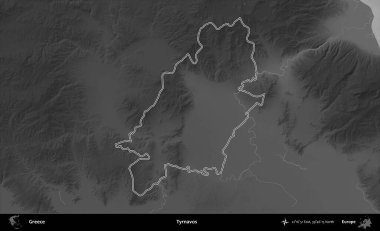 Tyrnavos. Yunanistan 'ın idari bölgesi gri ölçekli bir yükselme haritasında özetlendi