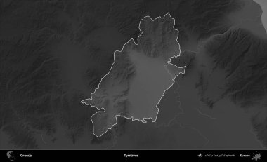 Tyrnavos. Yunanistan 'ın idari alanı kararmış bir gri tonlama yükseklik haritasına vurgulandı ve ana hatları çizildi