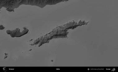 Udra. Yunanistan 'ın idari alanı kararmış bir gri tonlama yükseklik haritasına vurgulandı ve ana hatları çizildi
