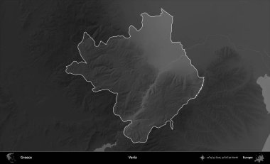 Veria. Yunanistan 'ın idari alanı kararmış bir gri tonlama yükseklik haritasına vurgulandı ve ana hatları çizildi
