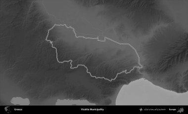 Visaltia Belediyesi. Yunanistan 'ın idari bölgesi gri ölçekli bir yükselme haritasında özetlendi
