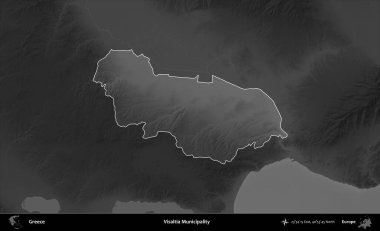Visaltia Belediyesi. Yunanistan 'ın idari alanı kararmış bir gri tonlama yükseklik haritasına vurgulandı ve ana hatları çizildi