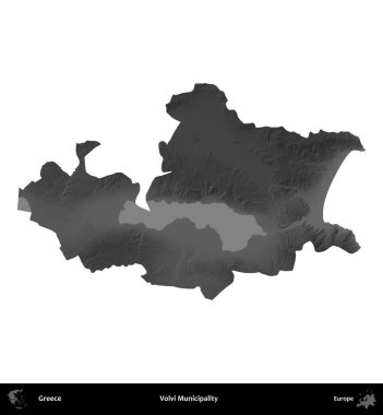 Volvi Belediyesi. Yunanistan 'ın idari bölgesi gri ölçekli yükseklik haritasında beyaza izole edildi