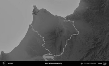Batı Achaea Belediyesi. Yunanistan 'ın idari bölgesi gri ölçekli bir yükselme haritasında özetlendi