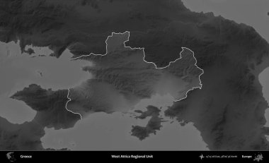 Batı Attica Bölgesel Birimi. Yunanistan 'ın idari alanı kararmış bir gri tonlama yükseklik haritasına vurgulandı ve ana hatları çizildi