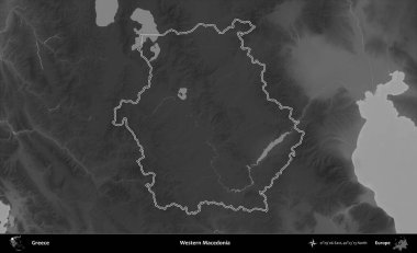 Batı Makedonya. Yunanistan 'ın idari bölgesi gri ölçekli bir yükselme haritasında özetlendi