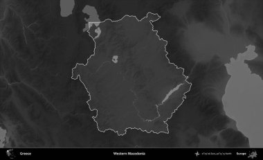 Batı Makedonya. Yunanistan 'ın idari alanı kararmış bir gri tonlama yükseklik haritasına vurgulandı ve ana hatları çizildi