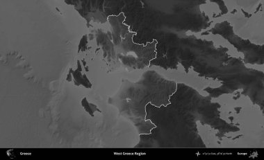 Batı Yunanistan Bölgesi. Yunanistan 'ın idari alanı kararmış bir gri tonlama yükseklik haritasına vurgulandı ve ana hatları çizildi