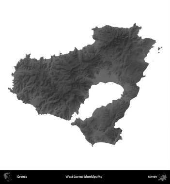 Batı Lesvos Belediyesi. Yunanistan 'ın idari bölgesi gri ölçekli yükseklik haritasında beyaza izole edildi