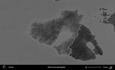 Batı Lesvos Belediyesi. Yunanistan 'ın idari alanı kararmış bir gri tonlama yükseklik haritasına vurgulandı ve ana hatları çizildi