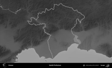 Xanthi Bölgesi. Yunanistan 'ın idari bölgesi gri ölçekli bir yükselme haritasında özetlendi