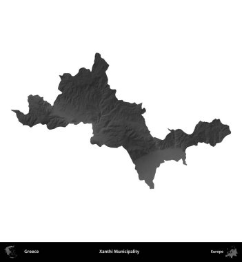 Xanthi Belediyesi. Yunanistan 'ın idari bölgesi gri ölçekli yükseklik haritasında beyaza izole edildi